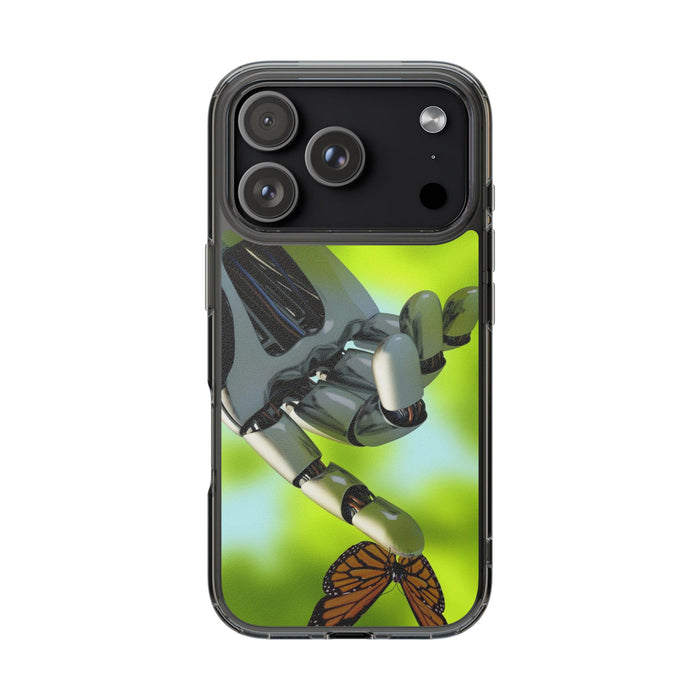 Clear Cases for iPhone 14 Series with Robotic hand and Butterfly.