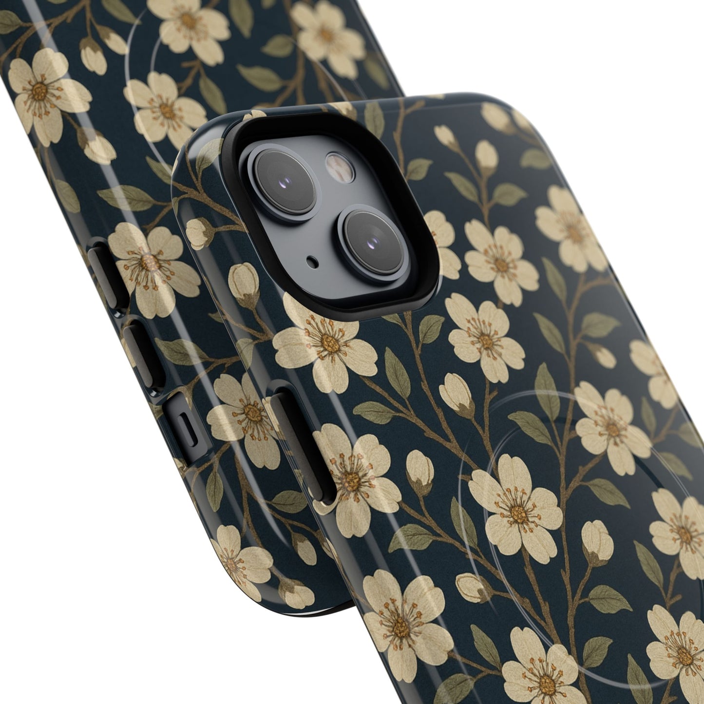 Navy Cherry Blossom Floral iPhone Case - Compatible with MagSafe