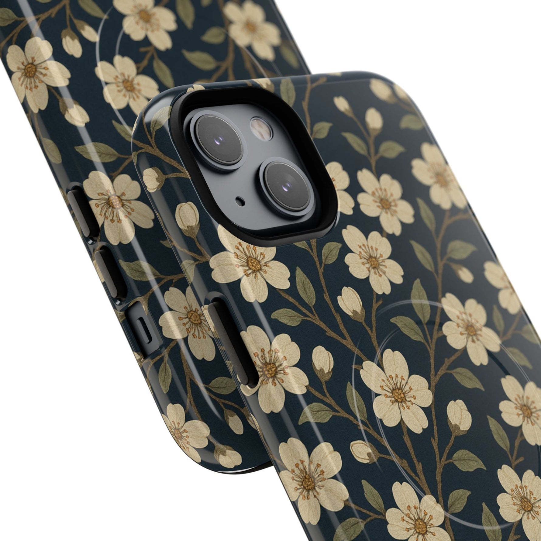 Navy Cherry Blossom Floral iPhone Case - Compatible with MagSafe - Shamo's