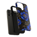 Black smartphone with two protective cases, one black and one with blue floral design, showing variant size