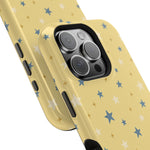 Prairie Stars – Yellow and Blue Star MagSafe Phone Case, glossy square triple-camera Pro model, camera and side-button close-up