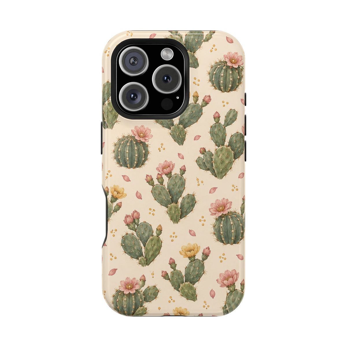 Cactus Bloom – Sage Green Floral Cactus MagSafe Phone Case, glossy iPhone 16 Pro, rear view
