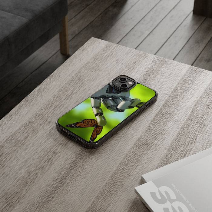 Clear Cases for iPhone 14 Series with Robotic hand and Butterfly.