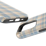 Ranch Check – Blue and Cream Plaid MagSafe Phone Case, glossy square triple-camera Pro model, port openings and edge details