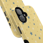 Prairie Stars – Yellow and Blue Star MagSafe Phone Case, glossy vertical dual-camera model, camera and side-button close-up