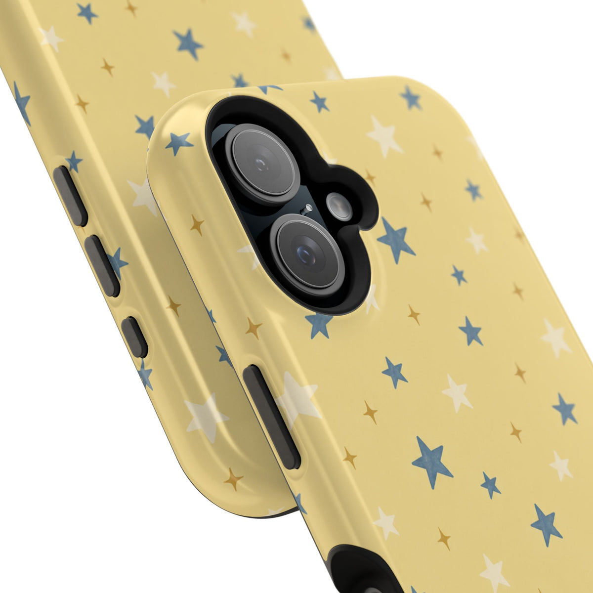 Prairie Stars – Yellow and Blue Star MagSafe Phone Case, glossy vertical dual-camera model, camera and side-button close-up