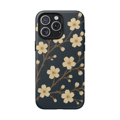 Navy Cherry Blossom Floral iPhone Case - Compatible with MagSafe