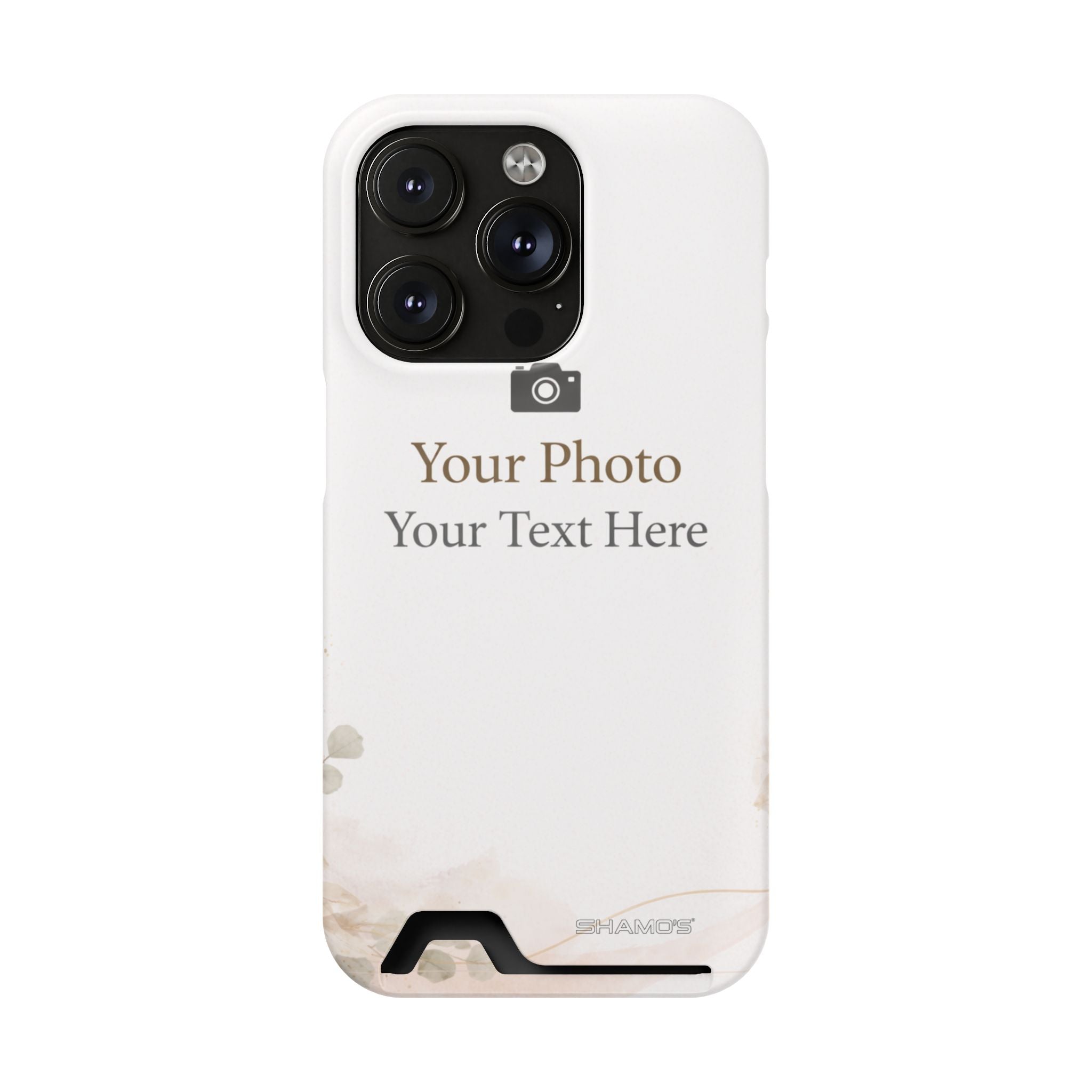 Custom card-holder phone case preview with text reading Your Photo, Your Text Here