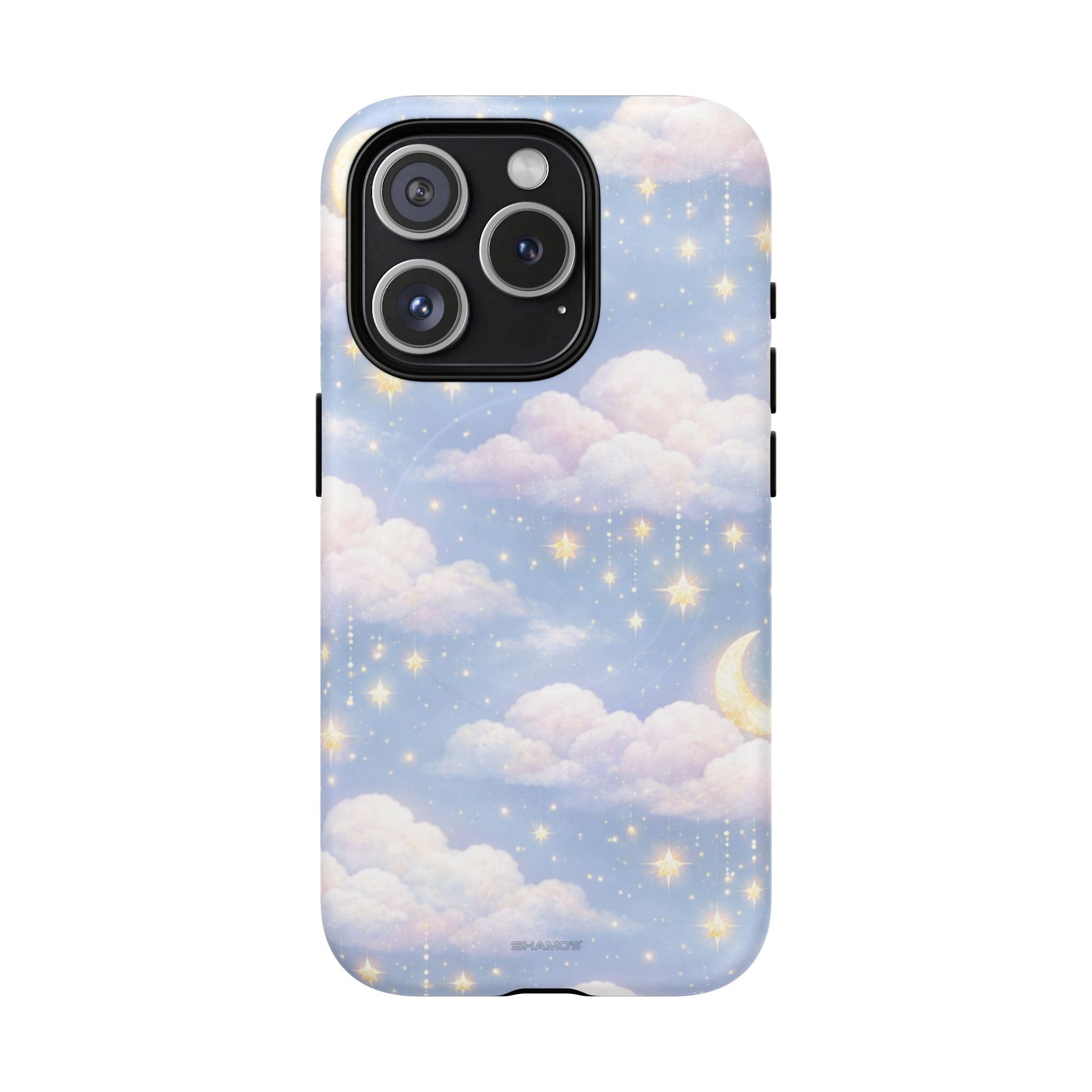 Phone case with dreamy clouds, crescent moon, and twinkling stars design, showing variant size
