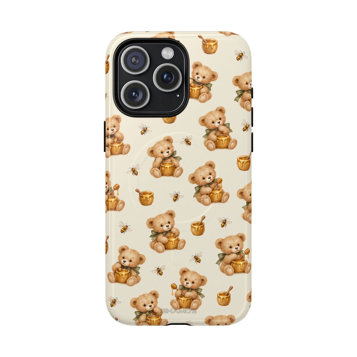 Honingknuffelbeer iPhone-hoesje — ontwerp met gele bij en honingpot met MagSafe