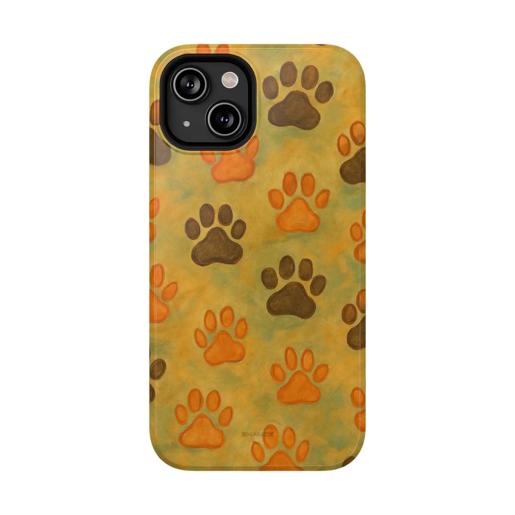Phone case with orange and brown paw print pattern on yellow-green background, showing variant size