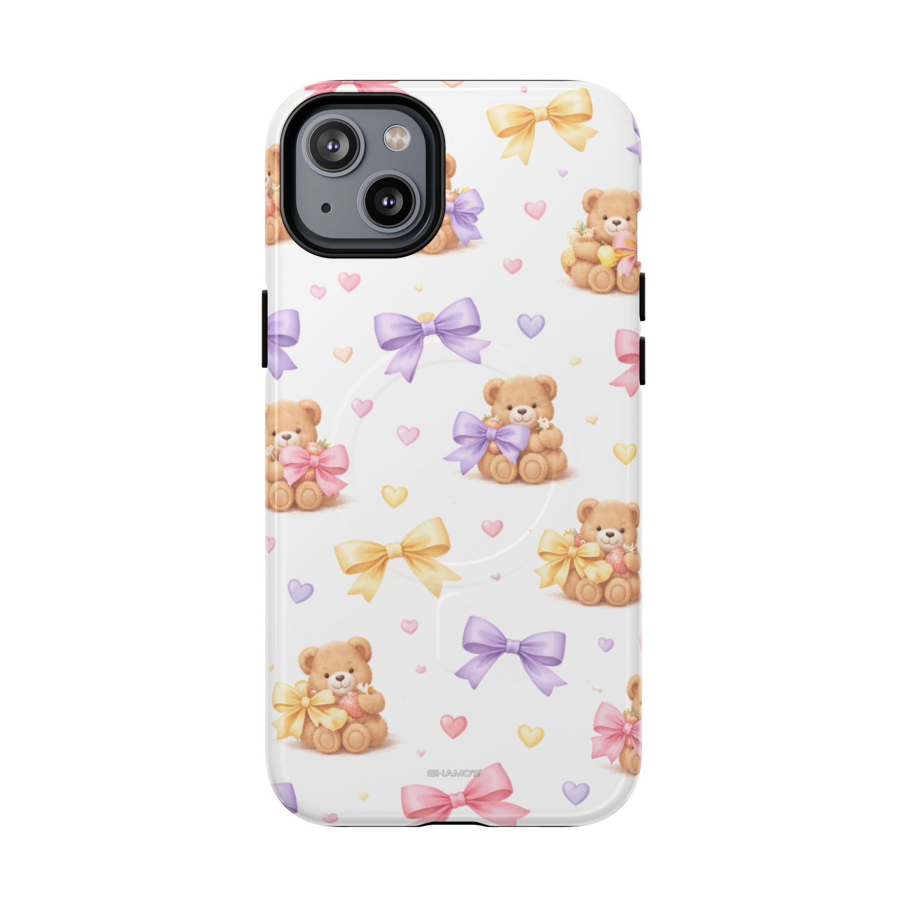 Phone case with small teddy bear pattern and colorful bows in purple, pink, yellow variant size