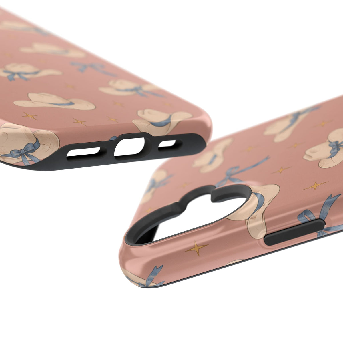Ribbon Rodeo – Cowgirl Hat and Bow MagSafe Phone Case, Pink, glossy vertical dual-camera model, port openings and edge details