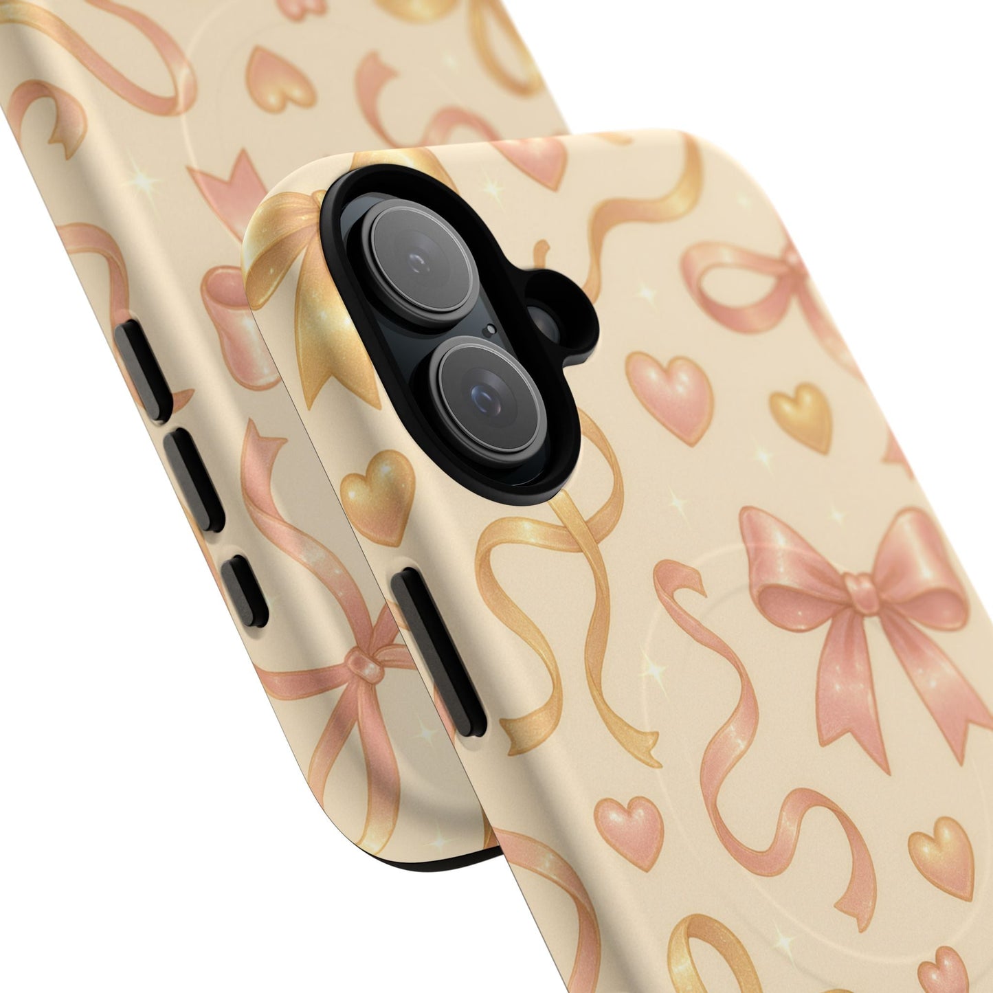 Festive Bow Charm iPhone Case — Pink & Gold Ribbon Hearts with MagSafe