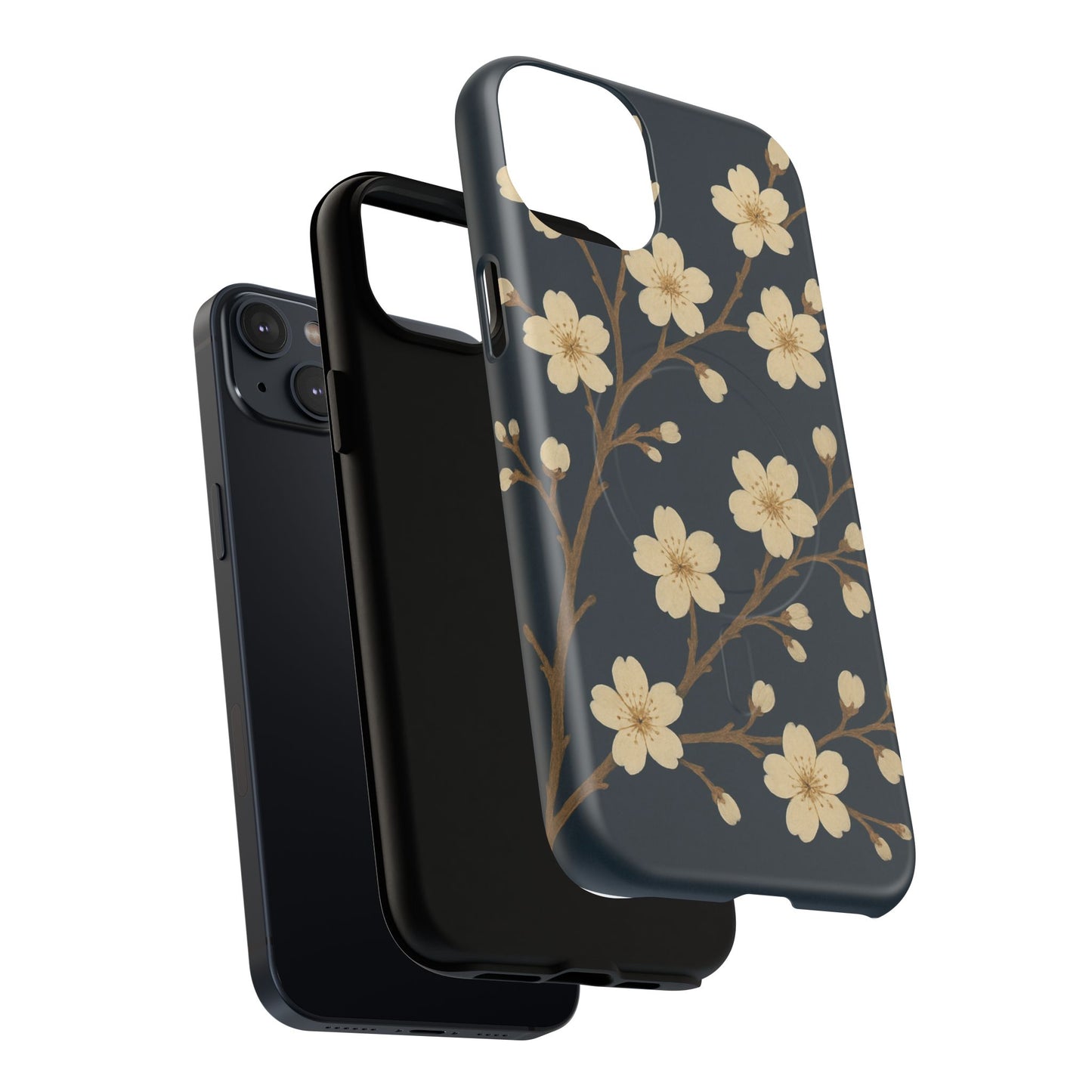 Navy Cherry Blossom Floral iPhone Case - Compatible with MagSafe