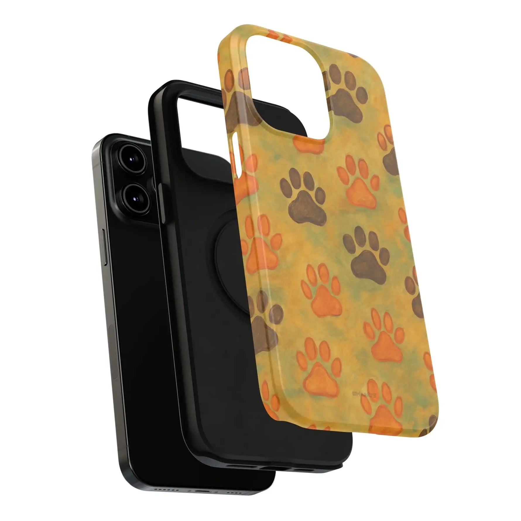 iPhone with black magnetic case and paw print pattern variant case in orange and brown on yellow background