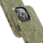 Golden Meadow – Sage Green Wildflower MagSafe Phone Case, glossy square triple-camera Pro model, camera and side-button close-up