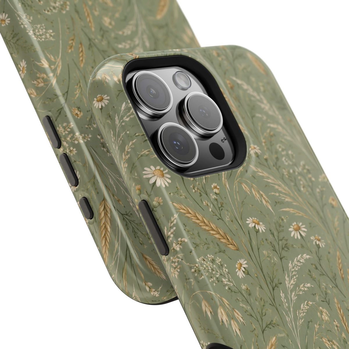 Golden Meadow – Sage Green Wildflower MagSafe Phone Case, glossy square triple-camera Pro model, camera and side-button close-up