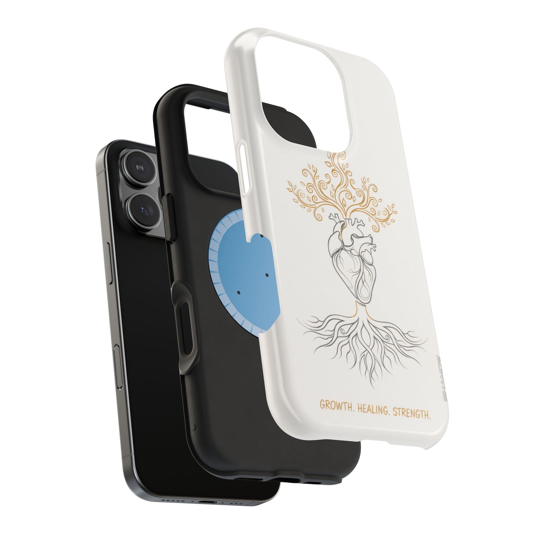 Minimalist Impact-Resistant iPhone Case, Heart Root Illustration ("Growth. Healing. Strength.") MagSafe Compatible - iPhone 17 / Glossy - Shamo's