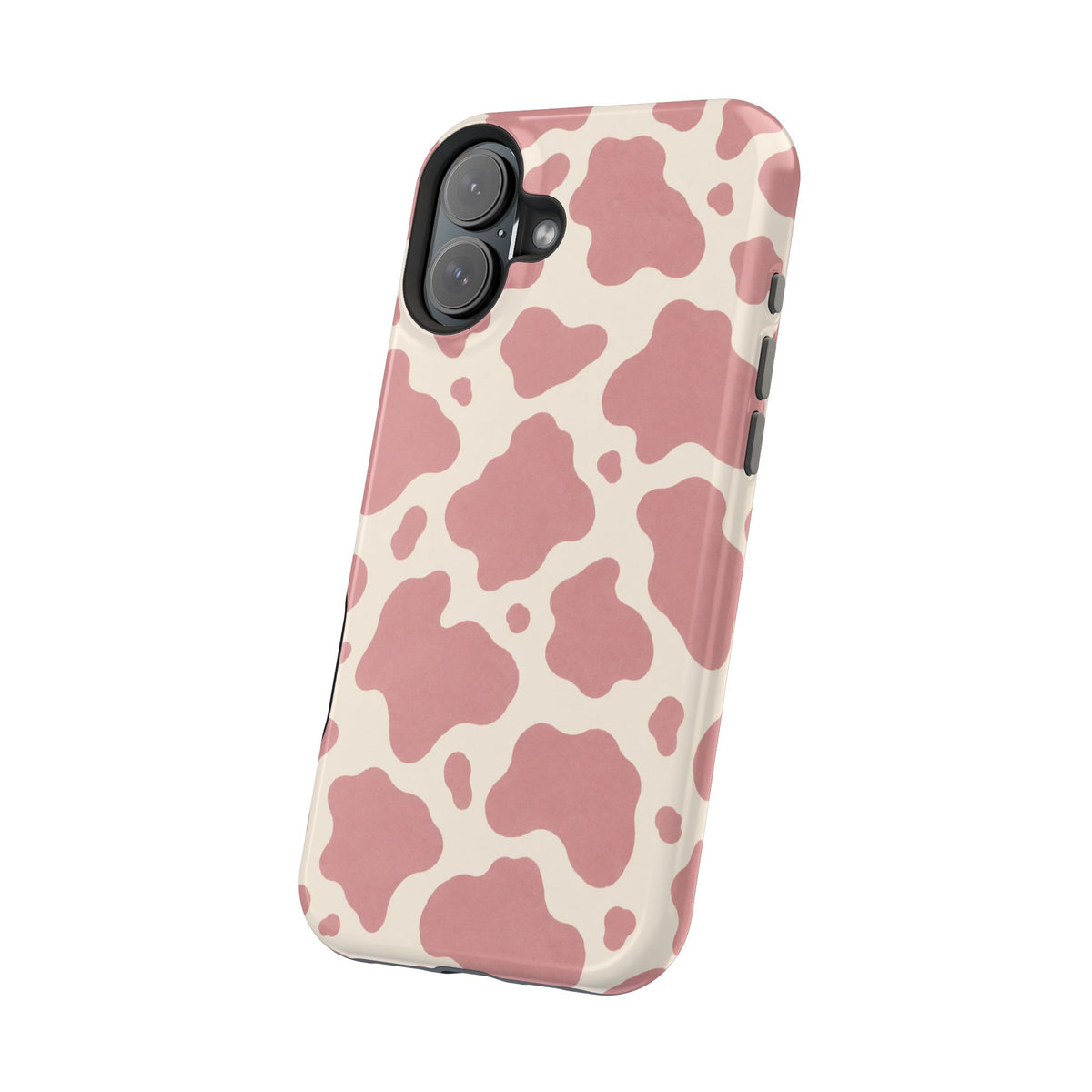 Rose Cowprint – Pink Cow Print MagSafe Phone Case, glossy vertical dual-camera model, angled rear view