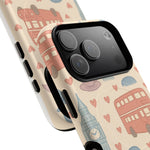 London Icons Hand-Drawn iPhone Case — Cute Double-Decker Bus & Big Ben Pattern with MagSafe compatibility  Shamo's
