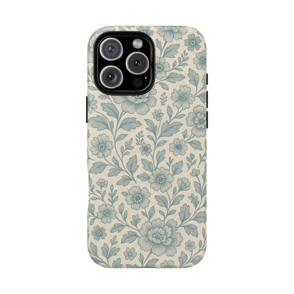 Vintage Blue Floral Tough Case for iPhone - Compatible with MagSafe