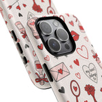 Romantic Love Doodle Tough iPhone Case ("LOVE", hearts, roses) (MagSafe compatible)  Shamo's
