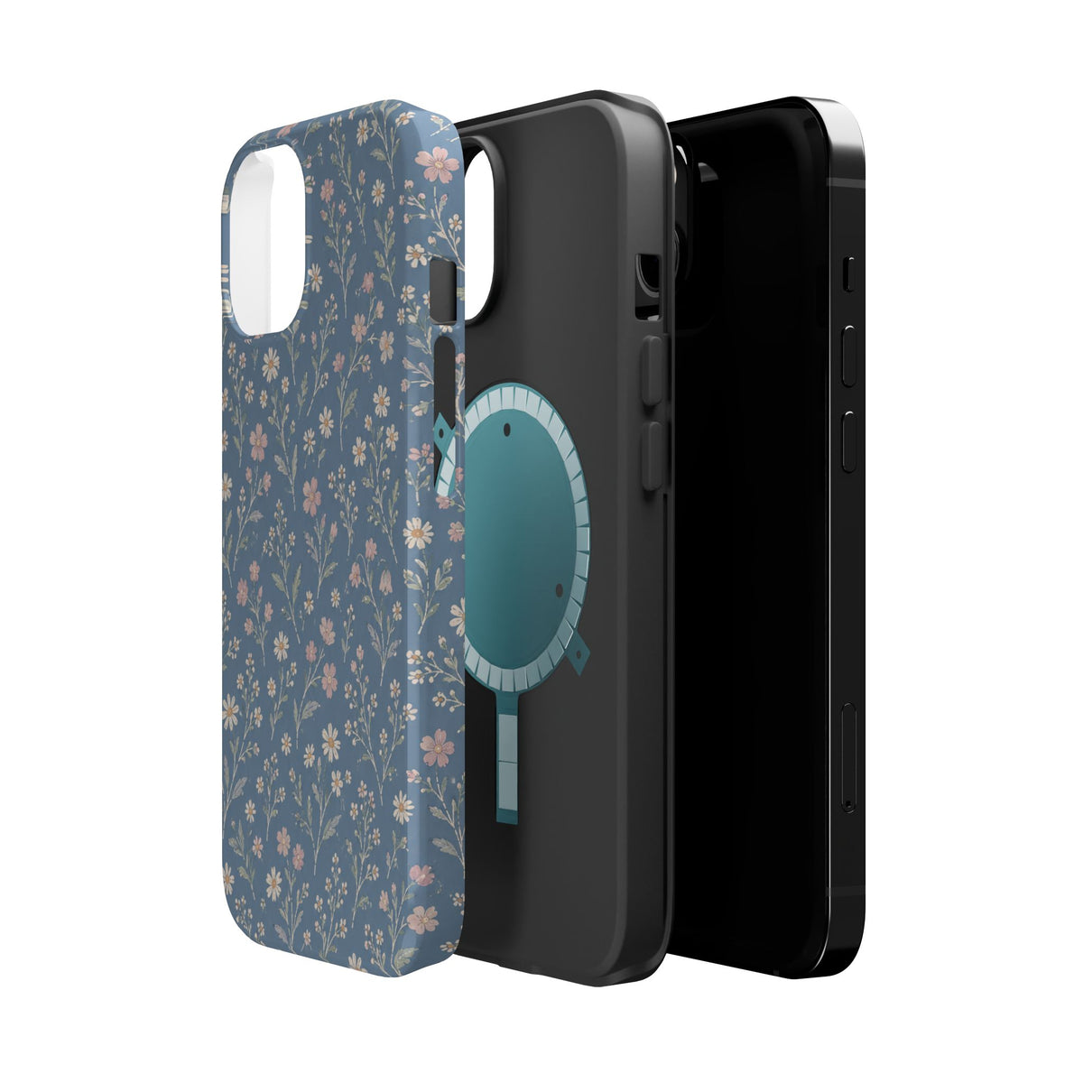 Denim Wildflowers MagSafe Phone Case, glossy diagonal dual-camera model, exploded shell and liner with magnetic ring