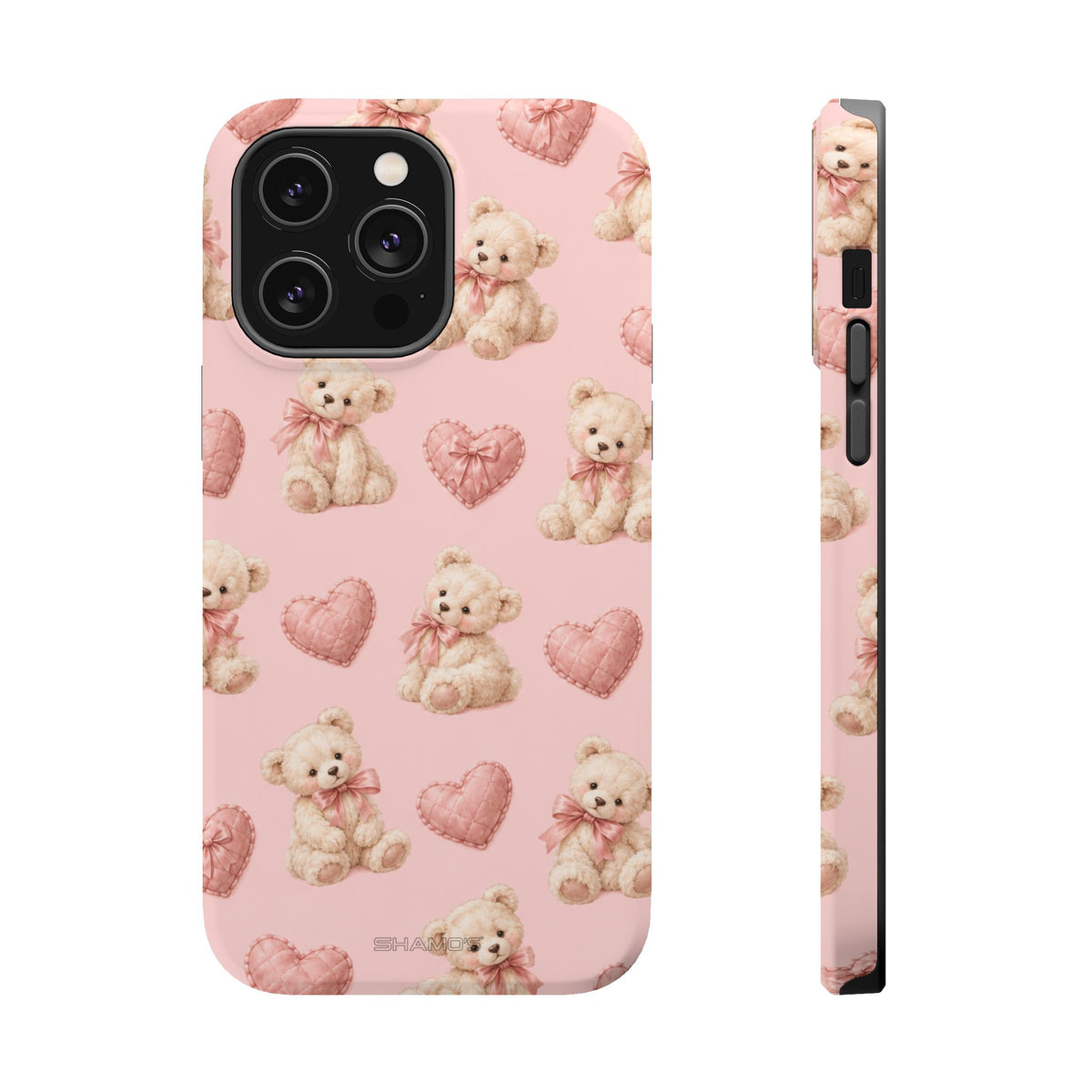 Pink Teddy Hearts Love iPhone Case, Impact-Resistant MagSafe Compatible