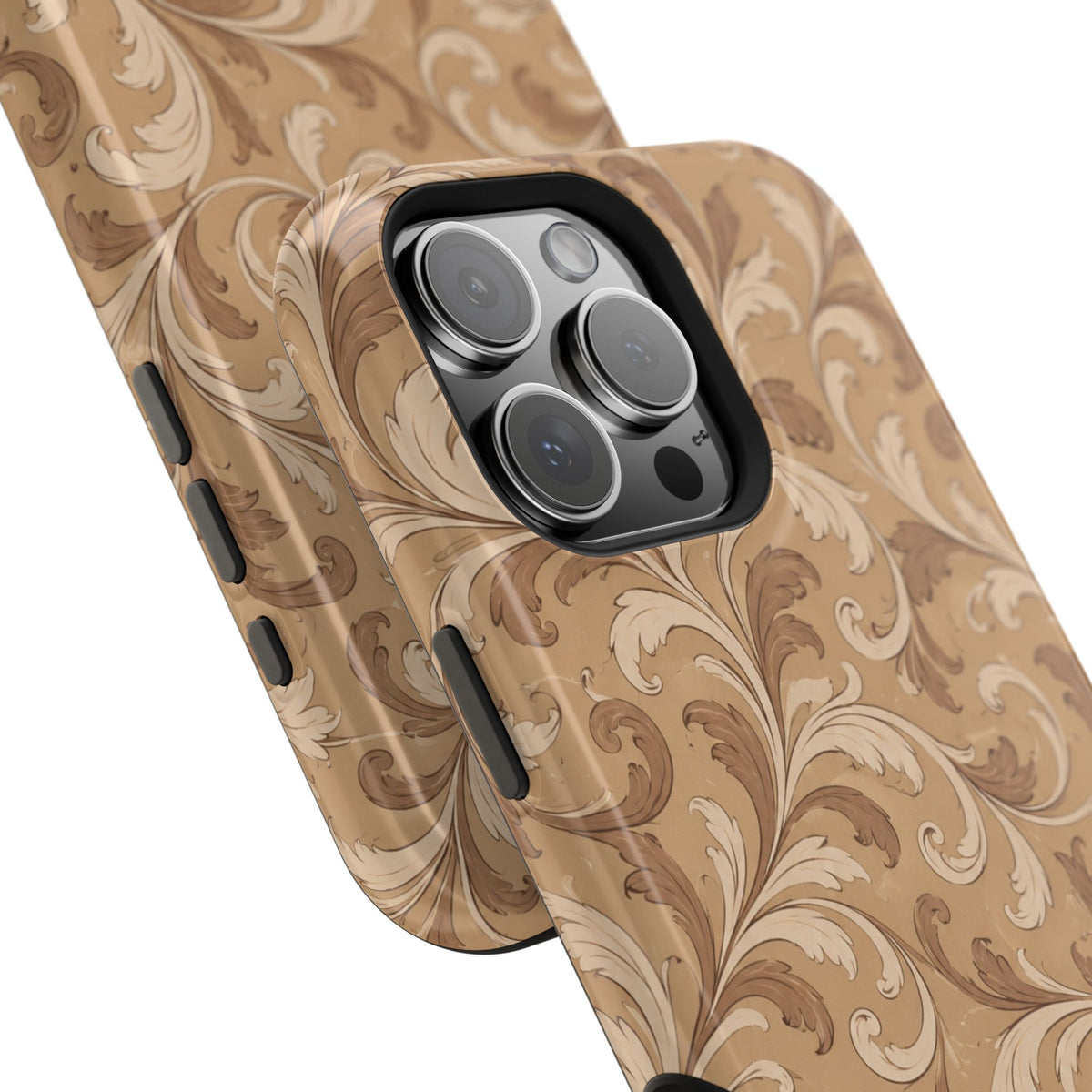Saddle Scrolls – Tan Western Scrollwork MagSafe Phone Case, glossy square triple-camera Pro model, camera and side-button close-up