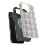 Ranch Check – Blue and Cream Plaid MagSafe Phone Case, glossy square triple-camera Pro model, exploded shell and liner with magnetic ring