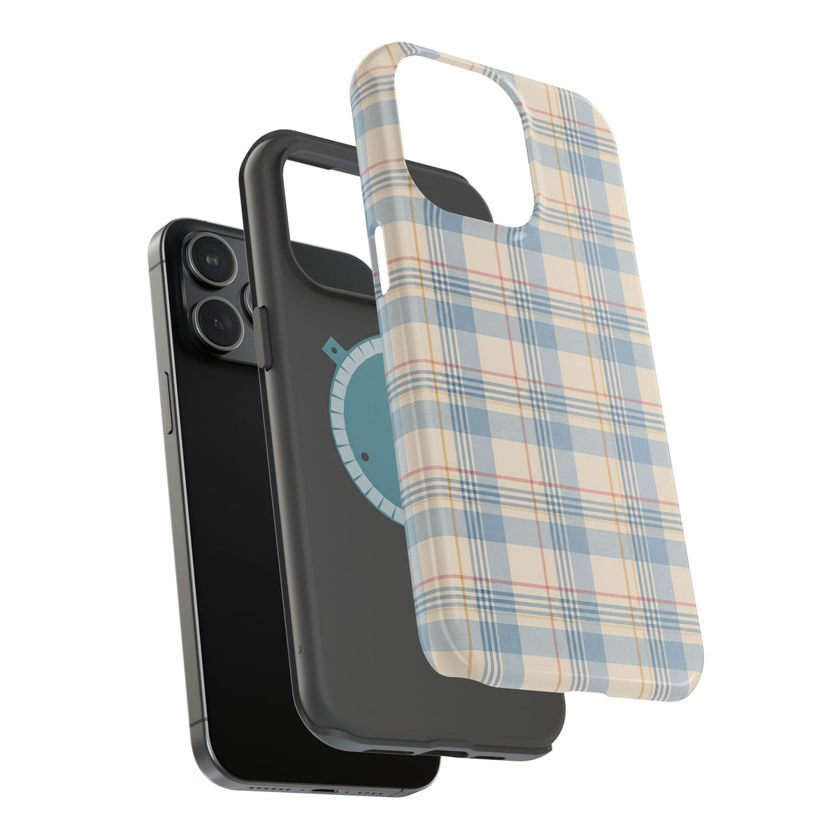 Ranch Check – Blue and Cream Plaid MagSafe Phone Case, glossy square triple-camera Pro model, exploded shell and liner with magnetic ring