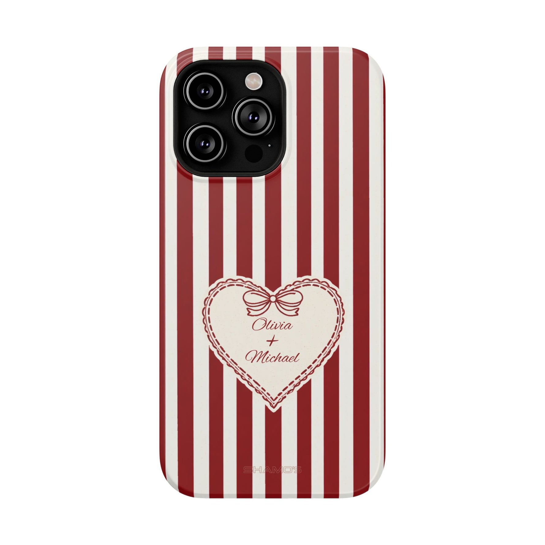Funda personalizada a rayas — Diseño de corazón rojo y blanco (nombres personalizados)