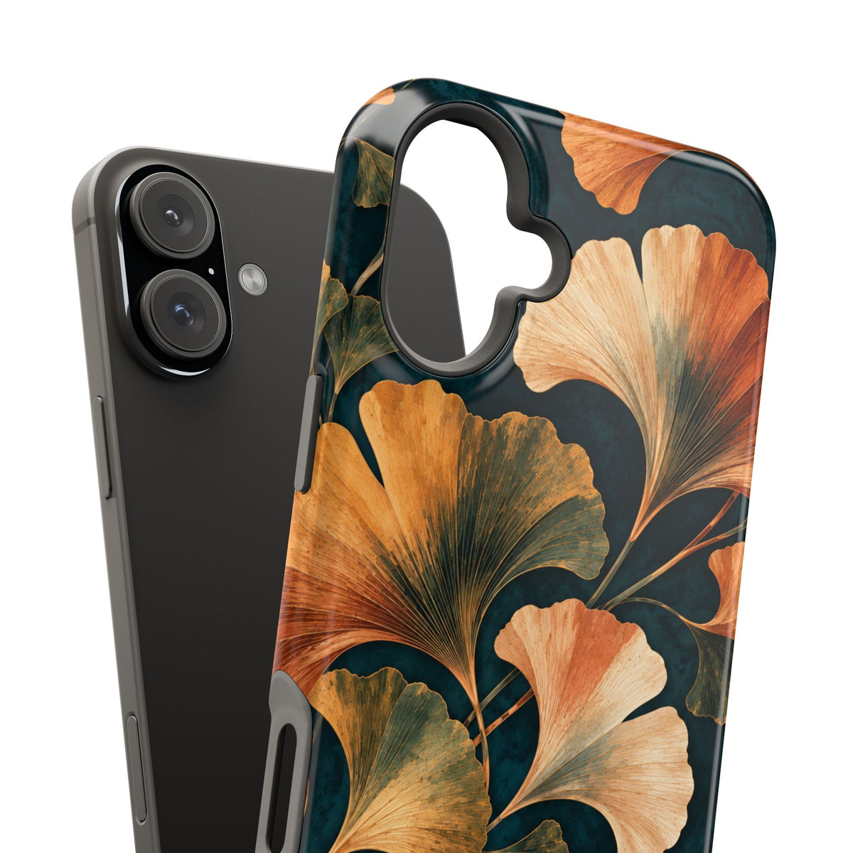 Exploded case and phone view: Nocturne Ginkgo MagSafe phone case for iPhone 16 Plus #iphone-16-plus