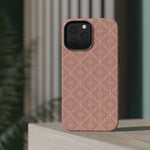Meadow Lace – Blush Pink Lace Pattern MagSafe Phone Case, glossy square triple-camera Pro model, rear view on a tabletop