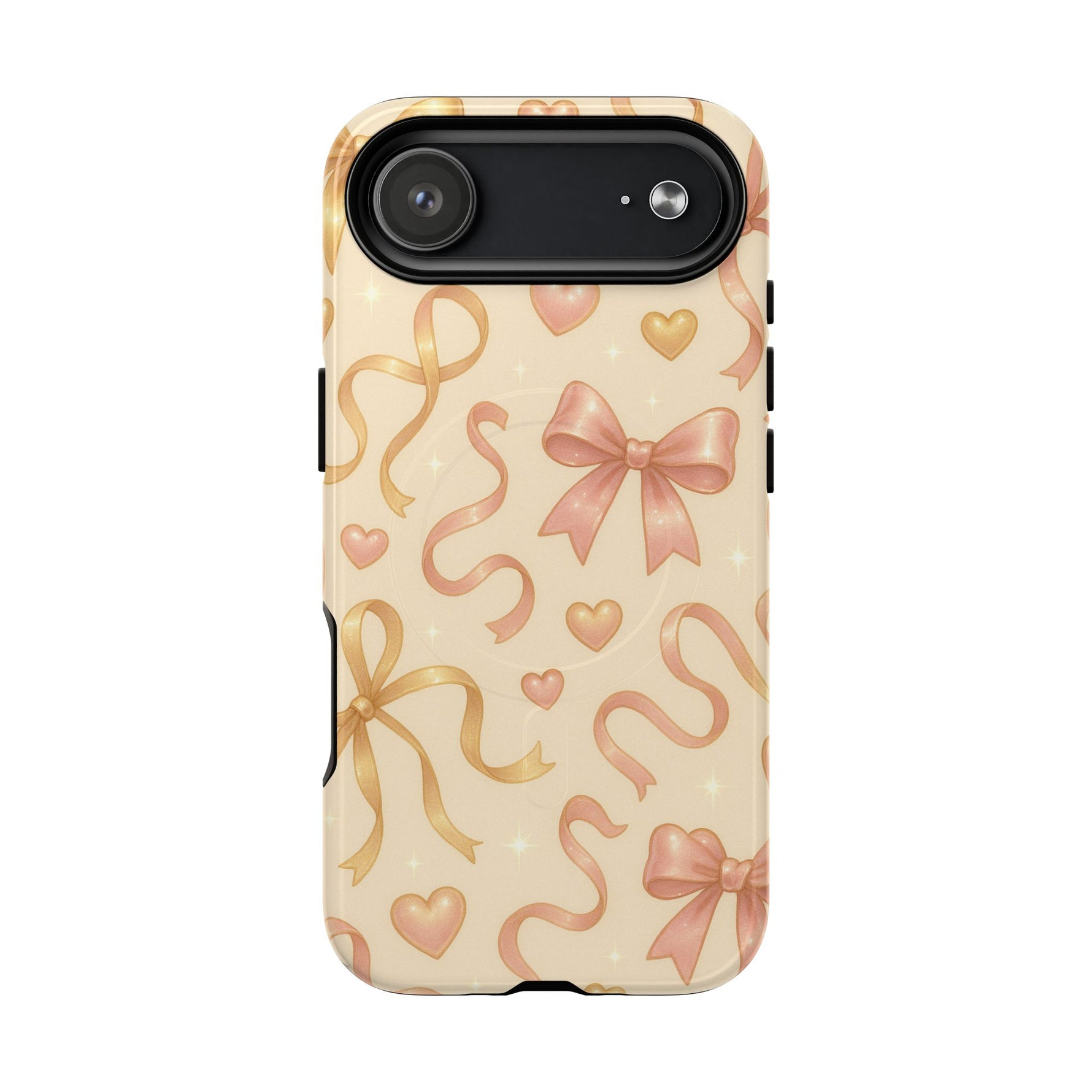 Festive Bow Charm iPhone Case — Pink & Gold Ribbon Hearts with MagSafe - Shamo's