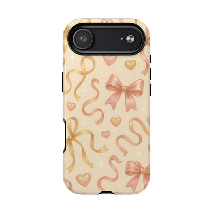 Festive Bow Charm iPhone Case — Pink & Gold Ribbon Hearts with MagSafe - Shamo's
