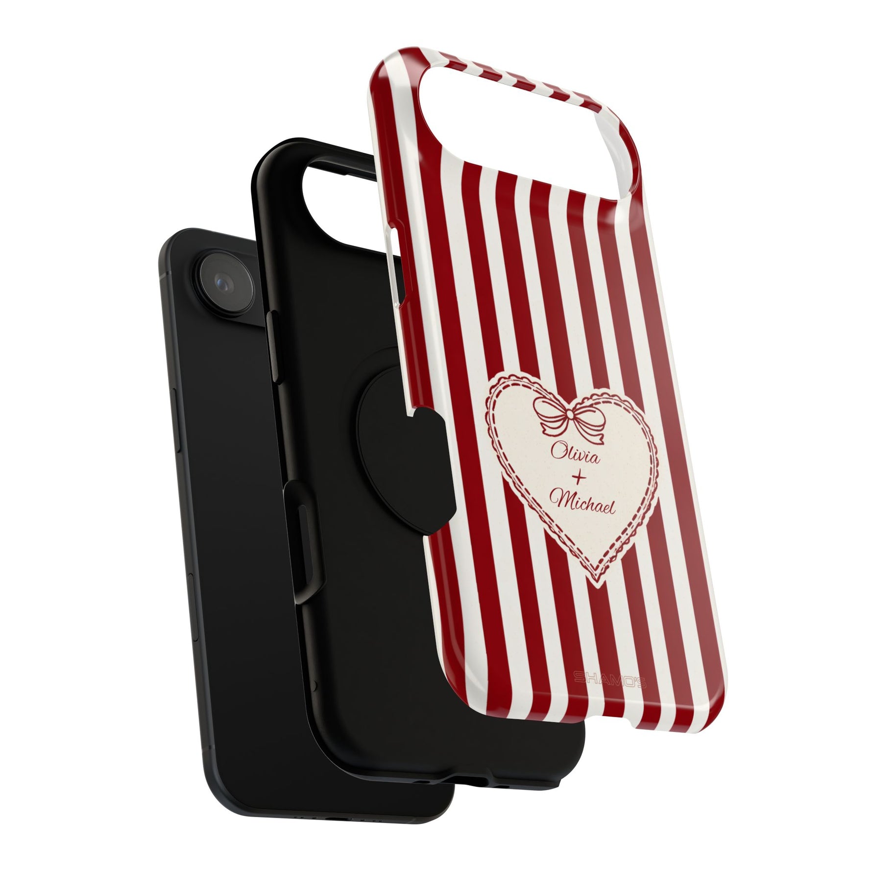 Funda personalizada a rayas — Diseño de corazón rojo y blanco (nombres personalizados)