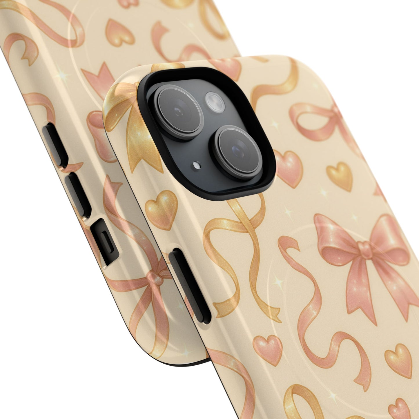 Festive Bow Charm iPhone Case — Pink & Gold Ribbon Hearts with MagSafe - Shamo's