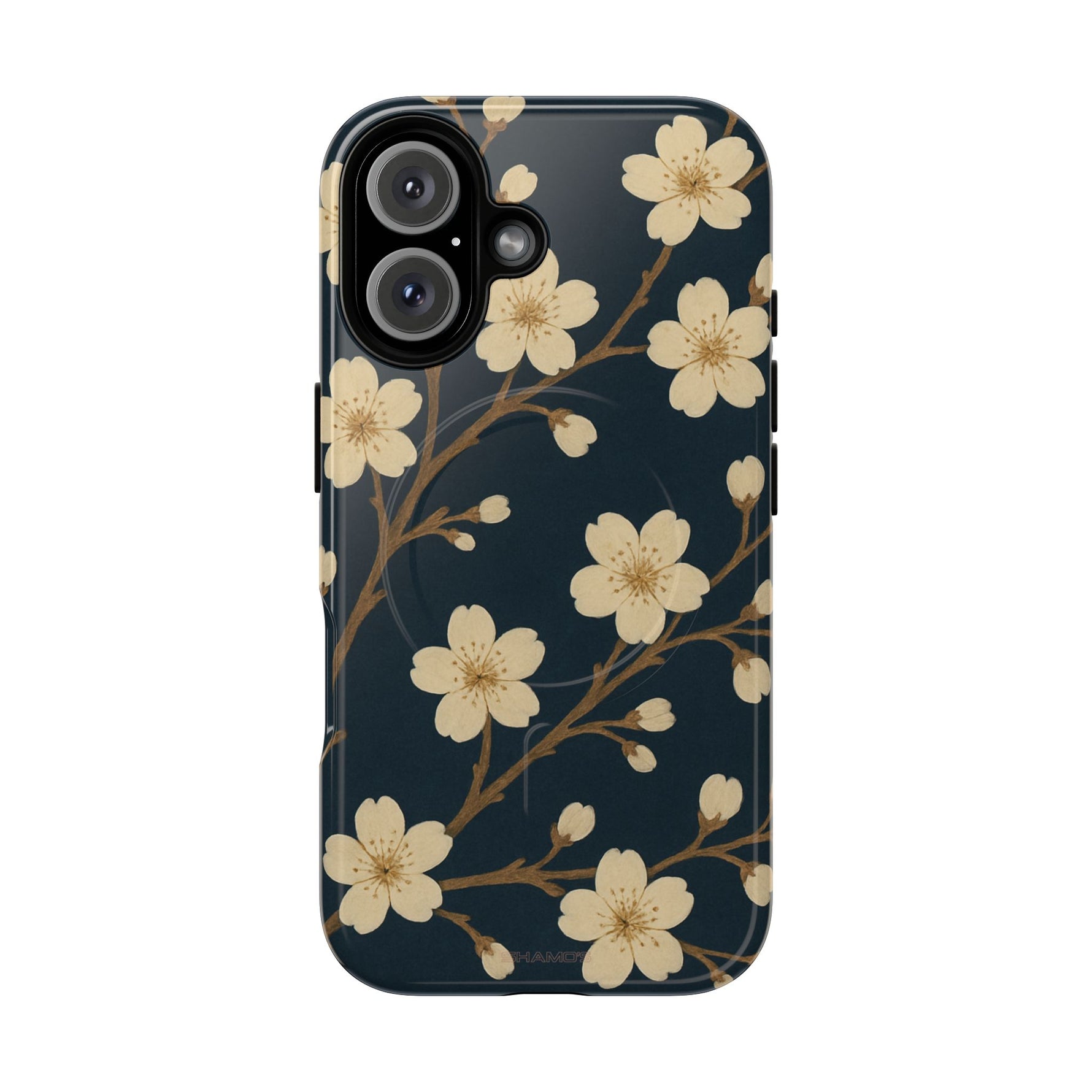 Navy Cherry Blossom Floral iPhone Case - Compatible with MagSafe