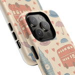 London Icons Hand-Drawn iPhone Case — Cute Double-Decker Bus & Big Ben Pattern with MagSafe compatibility  Shamo's