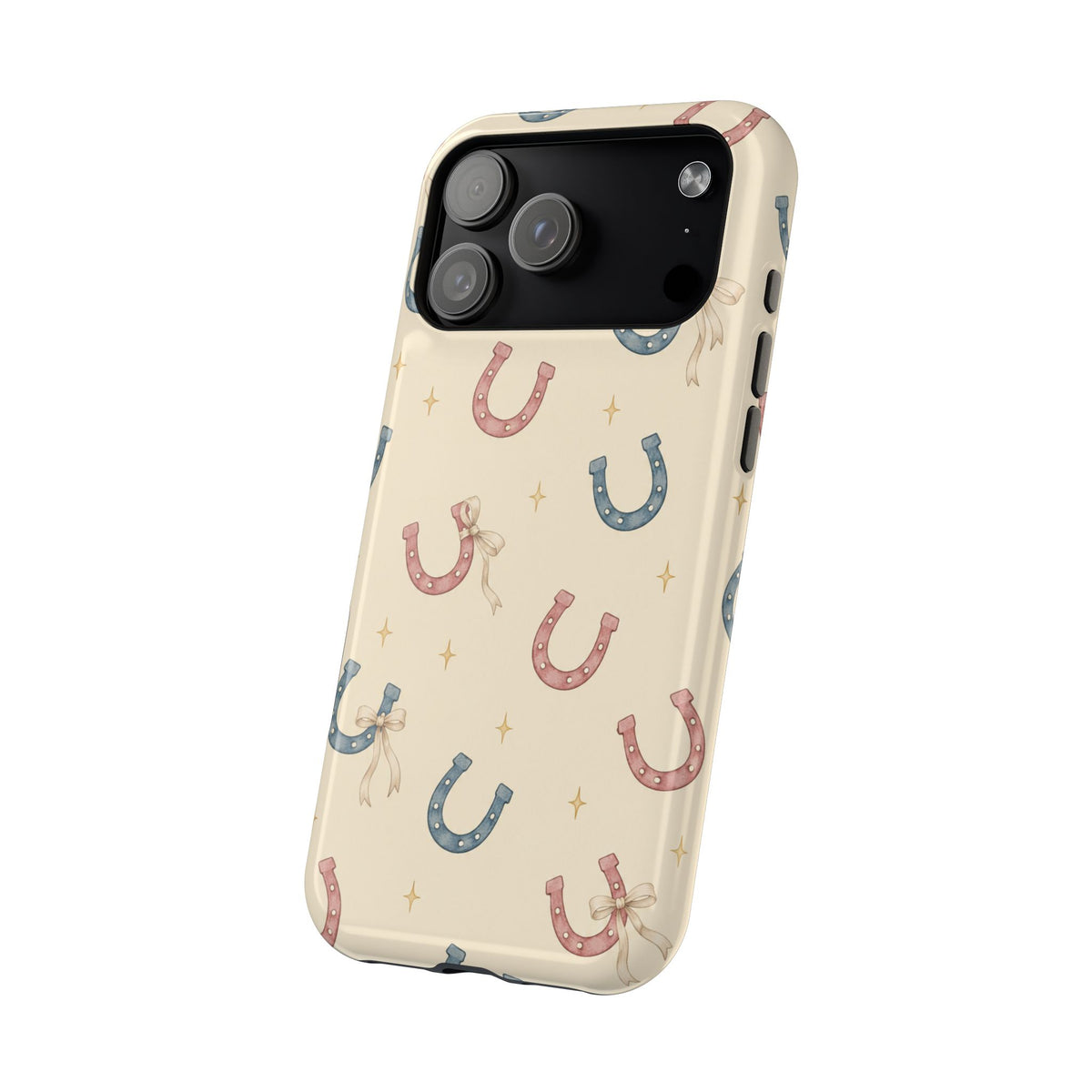 Prairie Horseshoes MagSafe Phone Case, glossy wide-camera Pro Max model, angled rear view