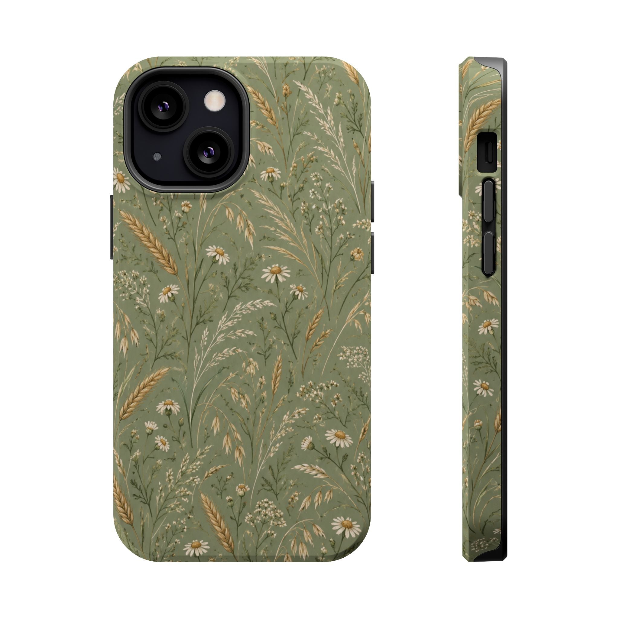 Golden Meadow – Sage Green Wildflower MagSafe Phone Case, glossy iPhone 13 Mini, rear and side profile