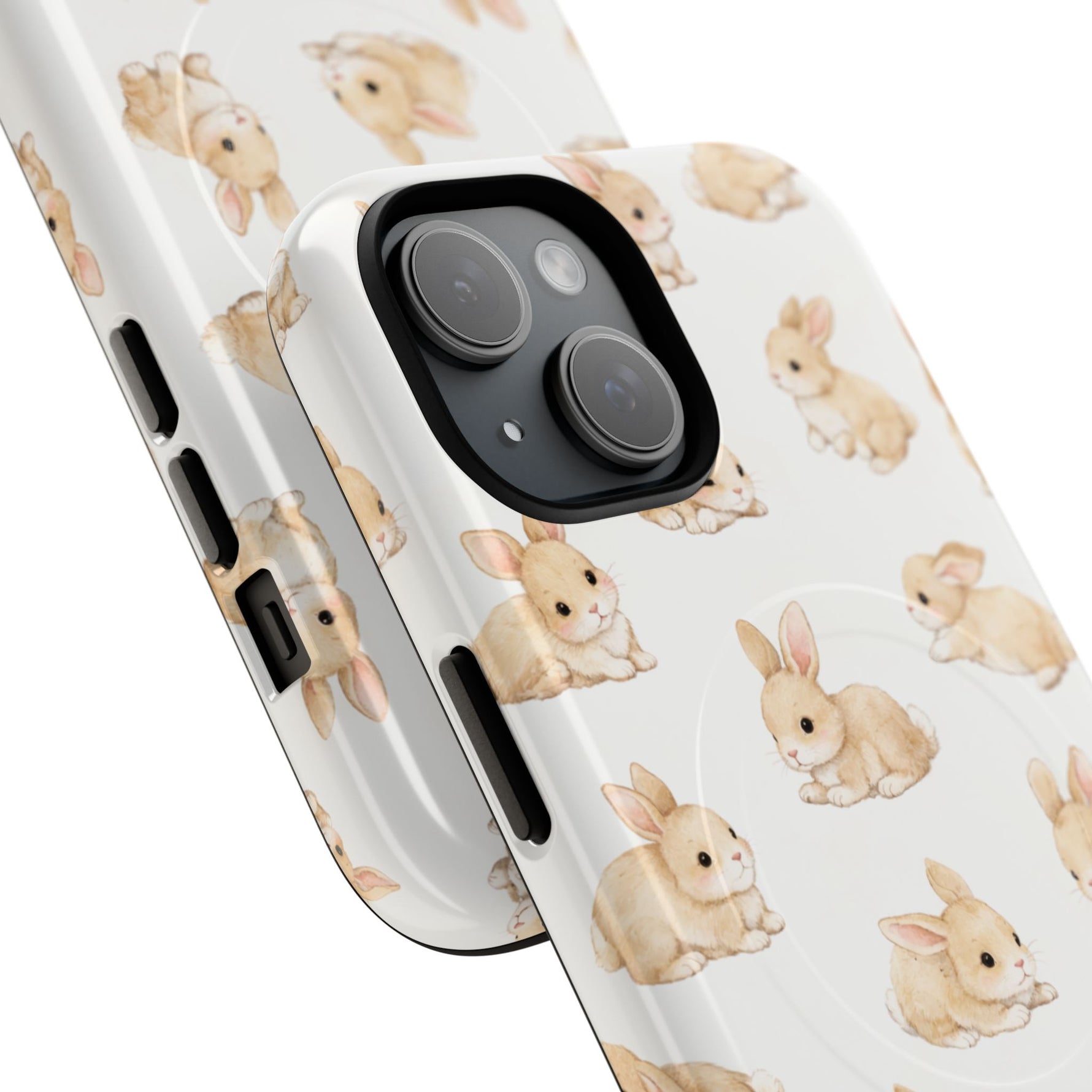 Close-up of two phone cases with small and large sizes featuring a beige bunny pattern on white background