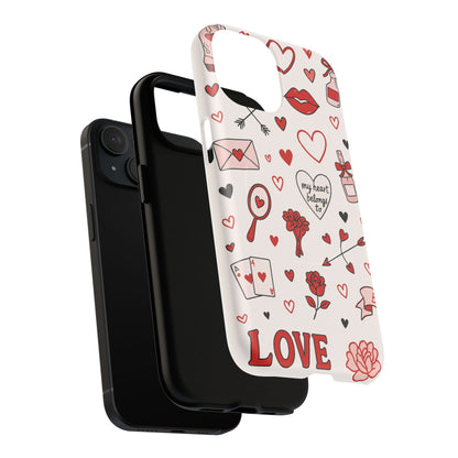 Romantic Love Doodle Tough iPhone Case ("LOVE", hearts, roses) (MagSafe compatible)
