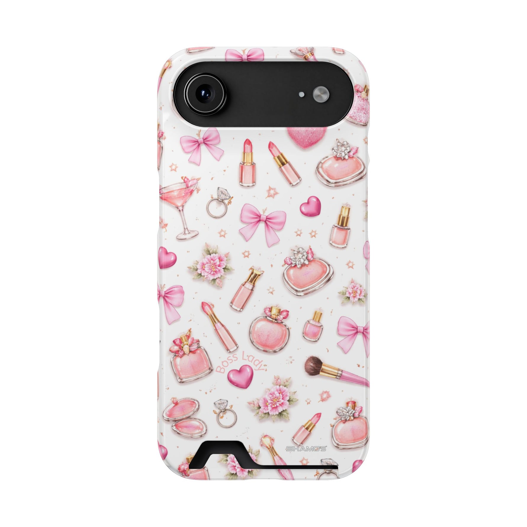 Boss Lady Pink Beauty iPhone Case with Card Slot, Makeup & Perfume Design