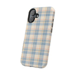 Ranch Check – Blue and Cream Plaid MagSafe Phone Case, glossy vertical dual-camera model, angled rear view