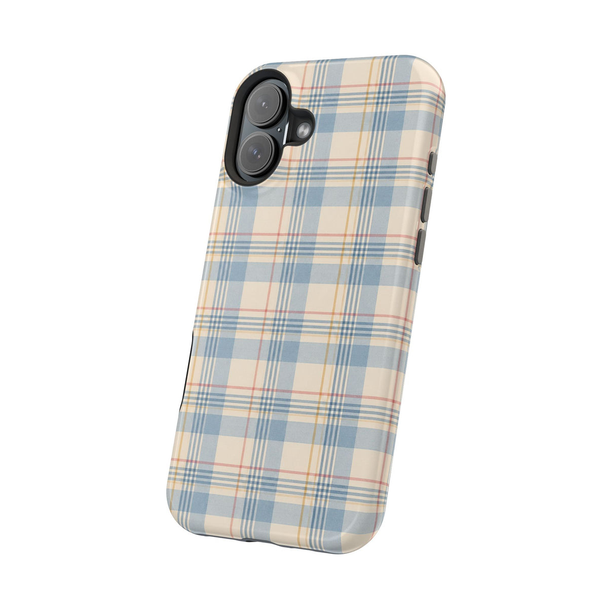 Ranch Check – Blue and Cream Plaid MagSafe Phone Case, glossy vertical dual-camera model, angled rear view
