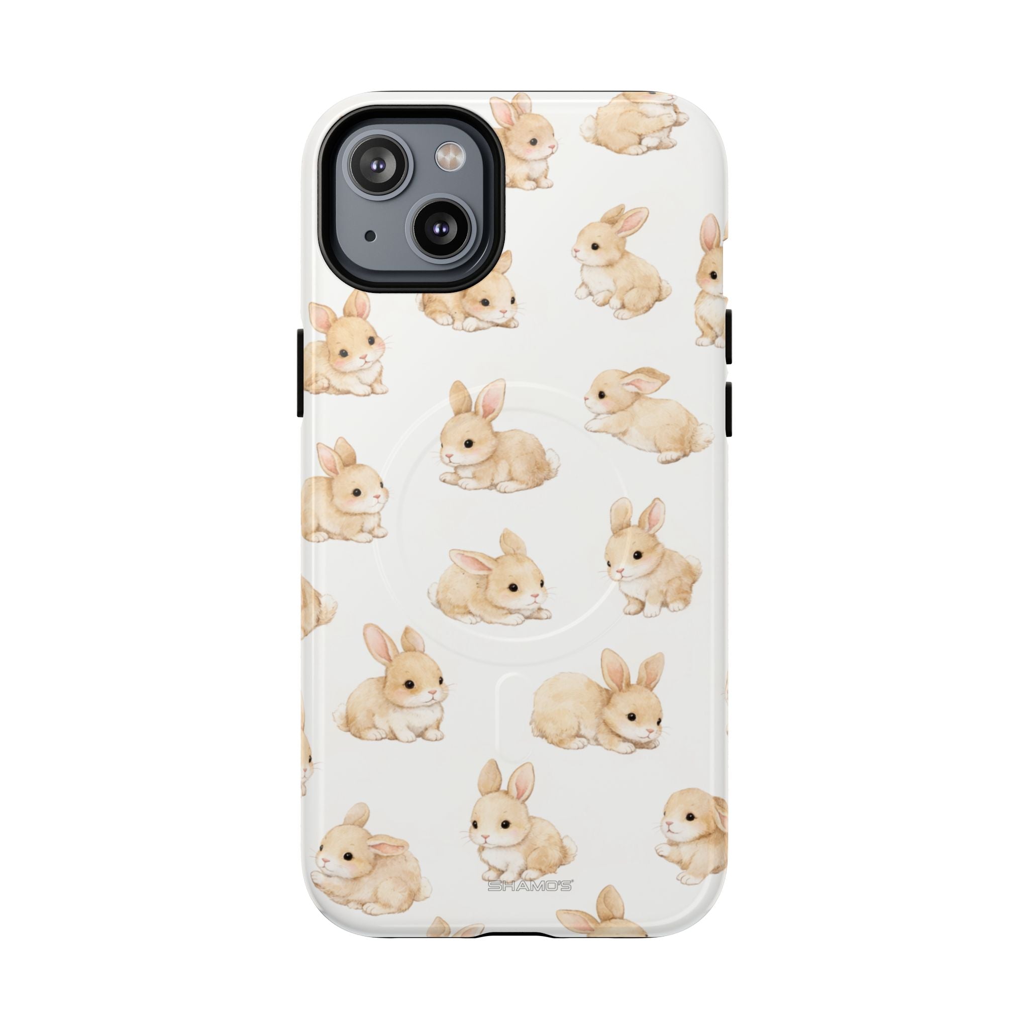 Smartphone case with cute brown bunny pattern and MagSafe ring, variant size for iPhone #iphone-14-plus