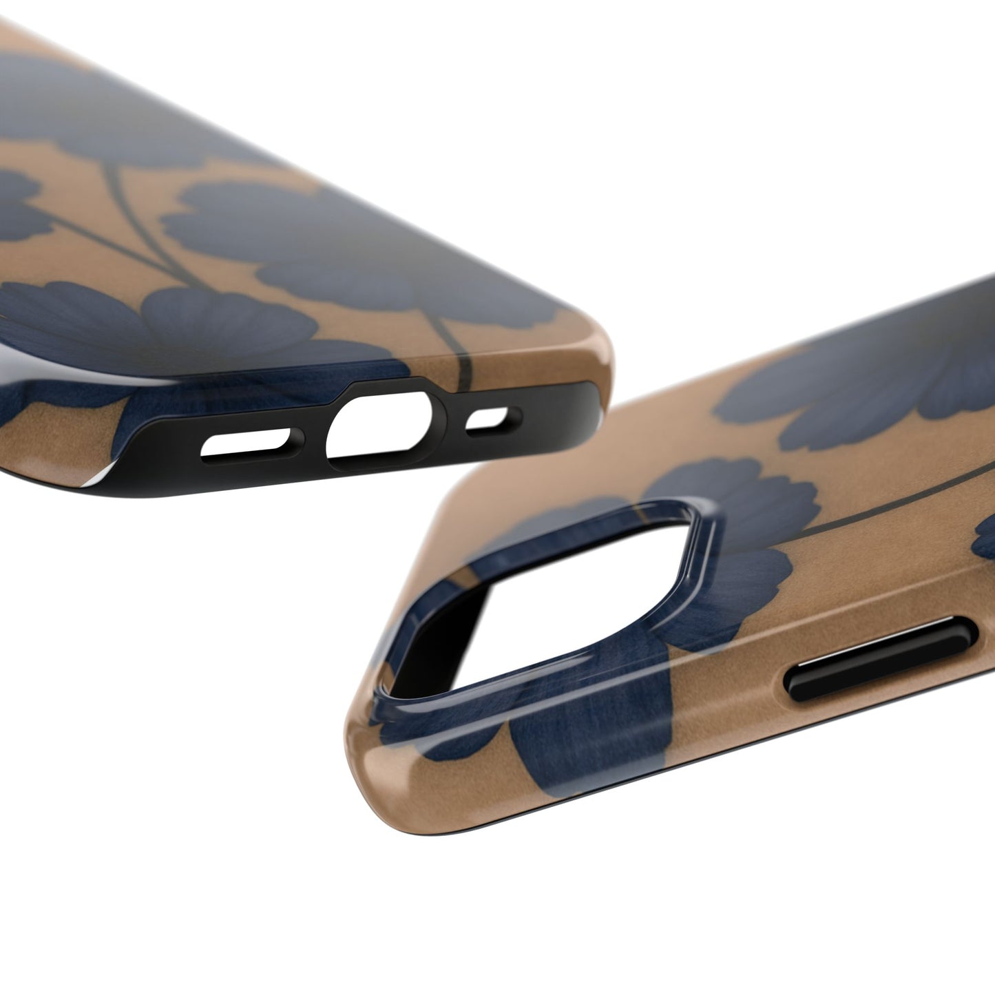 Navy Floral Tough iPhone Case — Durable Protective Case with Blue Flowers on Kraft Background